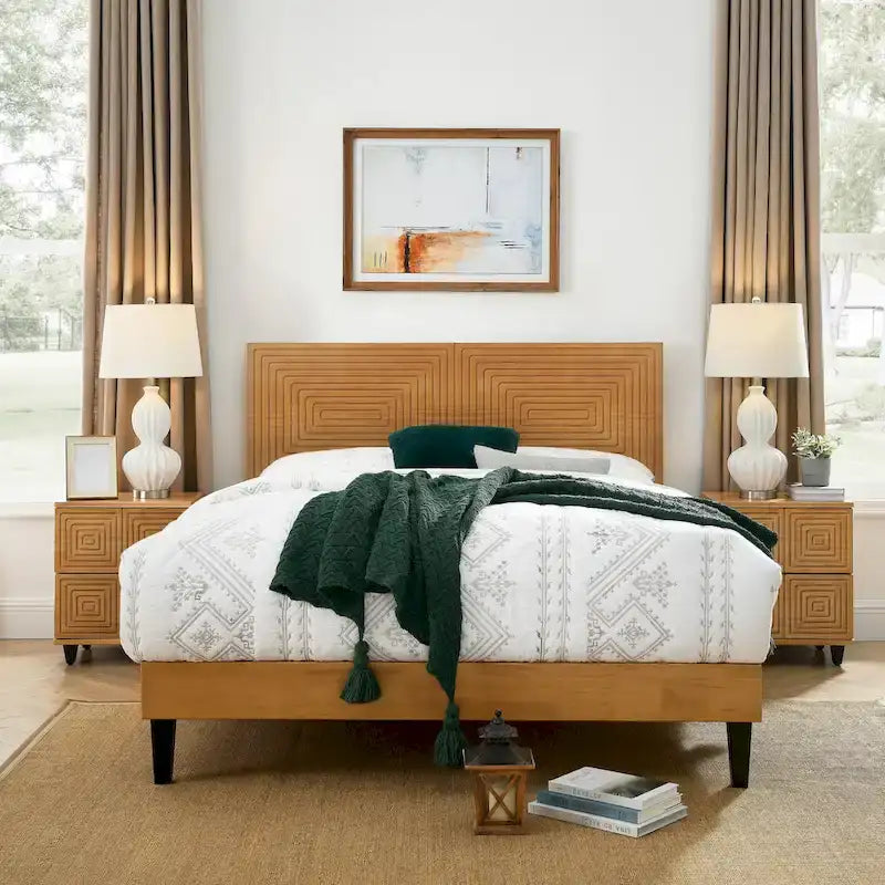 Mid-Century Modern Solid Wood Platform Bed with Adjustable Headboard