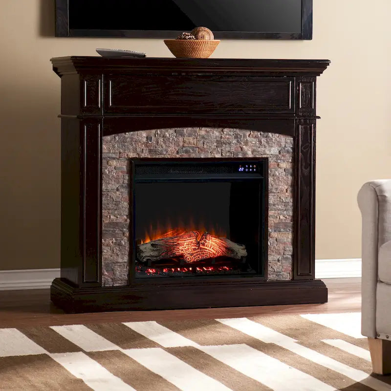 Convertible Corner Electric Media Fireplace with Faux Stone Mantel - Ebony