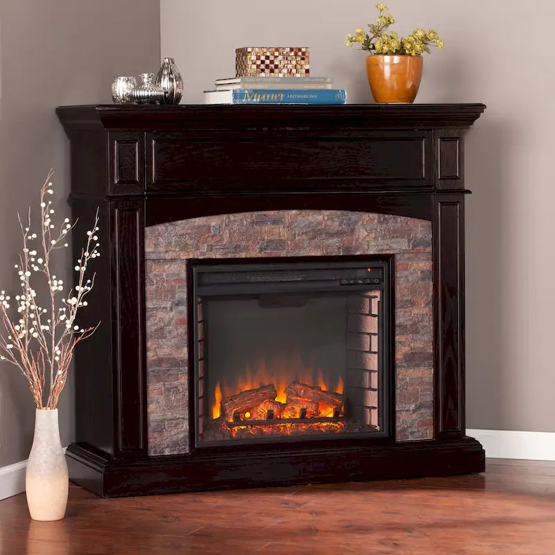 Convertible Corner Electric Media Fireplace with Faux Stone Mantel - Ebony