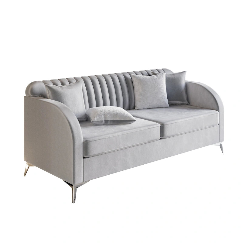 Vertical Channel Tufted Velvet Upholstered Sofa with Chrome Legs - Silver Grey