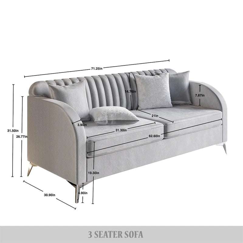Vertical Channel Tufted Velvet Upholstered Sofa with Chrome Legs - Silver Grey
