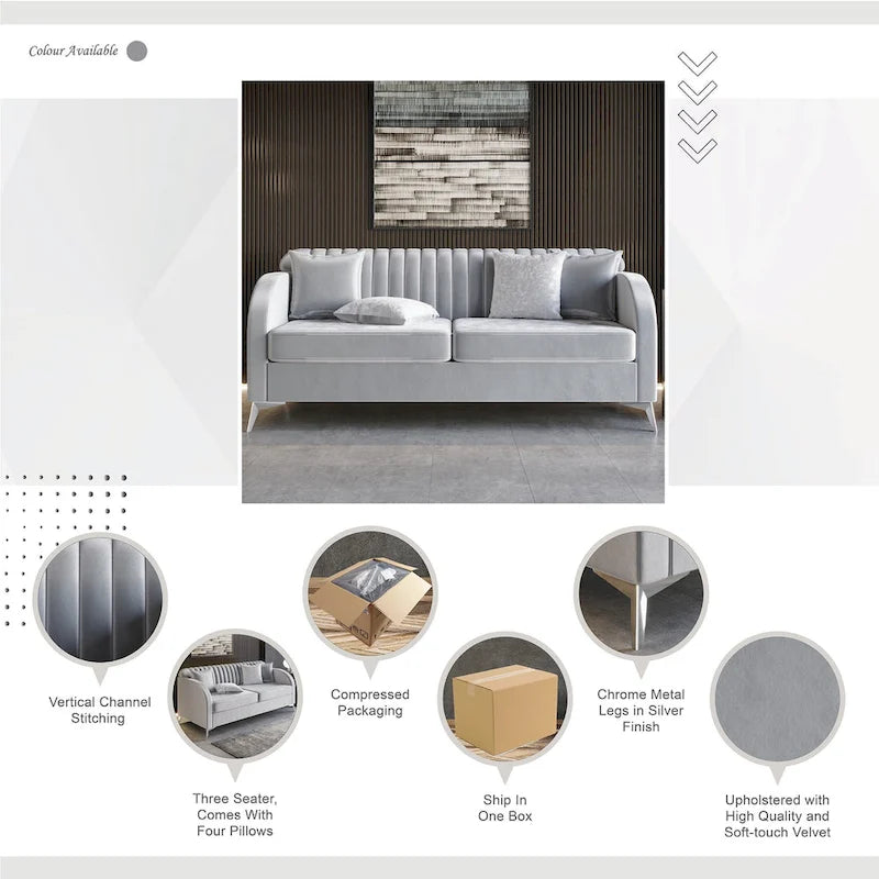 Vertical Channel Tufted Velvet Upholstered Sofa with Chrome Legs - Silver Grey