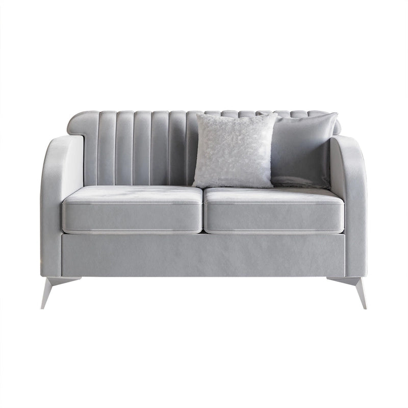 Vertical Channel Tufted Velvet Upholstered Sofa with Chrome Legs - Silver Grey