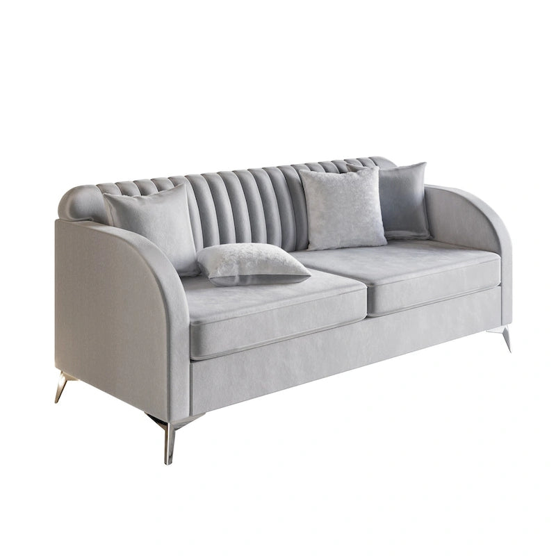 Vertical Channel Tufted Velvet Upholstered Sofa with Chrome Legs - Silver Grey