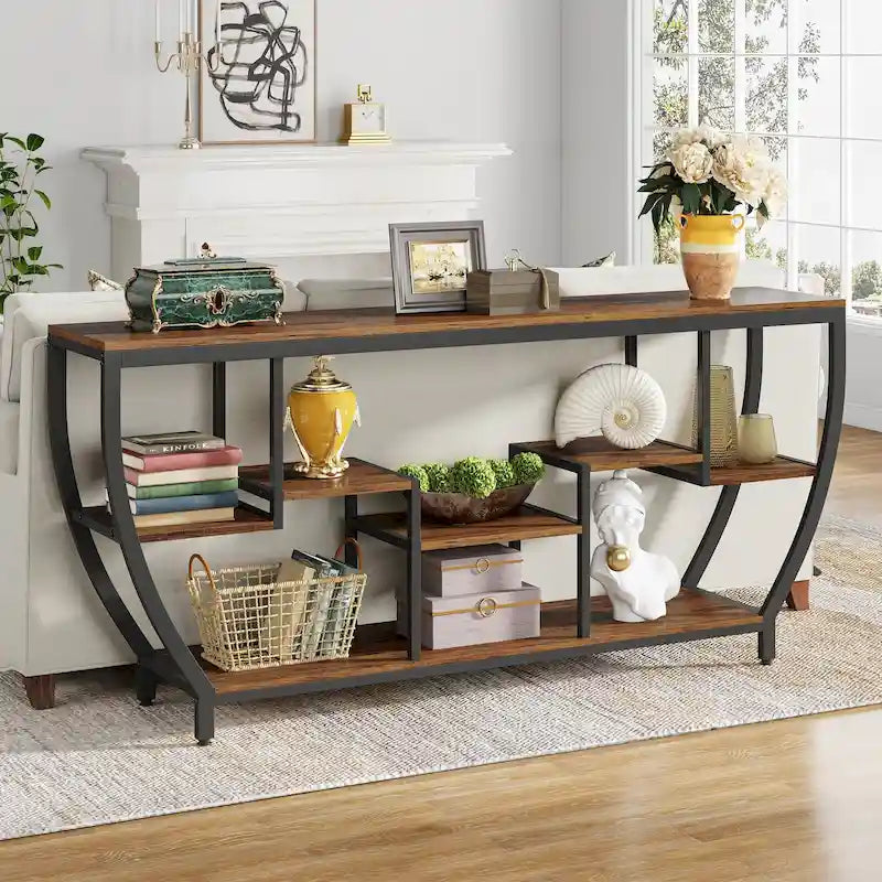 70.9 Inch Extra Long Industrial Console Table with 7 Shelves Behind Sofa