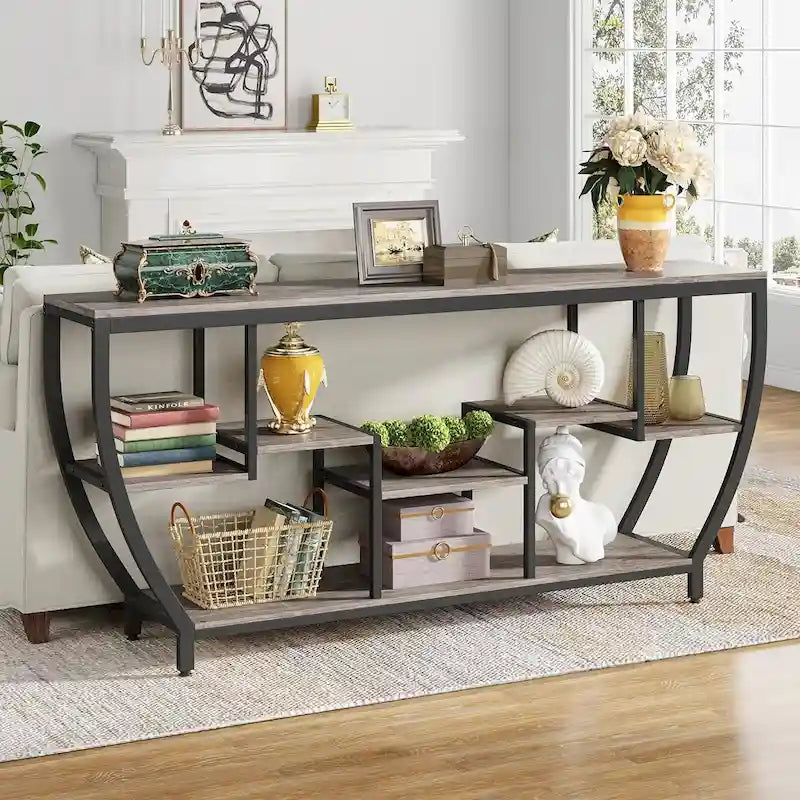 70.9 Inch Extra Long Industrial Console Table with 7 Shelves Behind Sofa