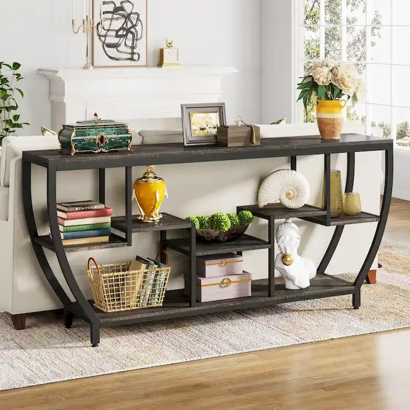 70.9 Inch Extra Long Industrial Console Table with 7 Shelves Behind Sofa