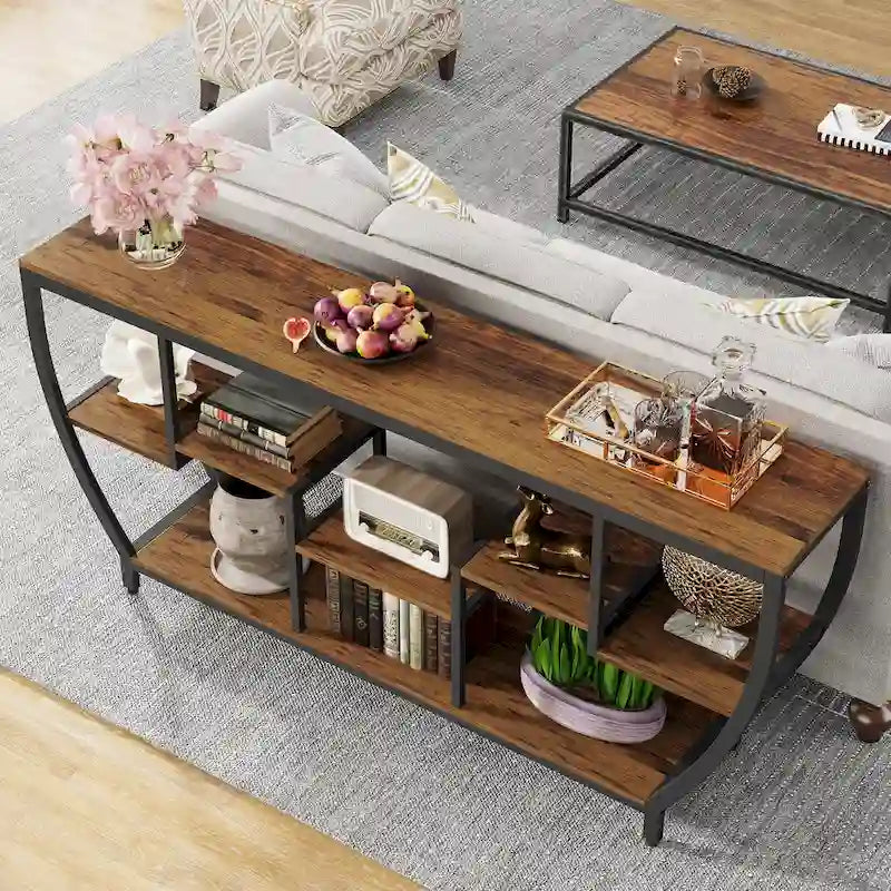 70.9 Inch Extra Long Industrial Console Table with 7 Shelves Behind Sofa