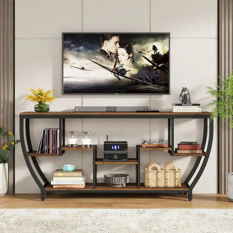 70.9 Inch Extra Long Industrial Console Table with 7 Shelves Behind Sofa