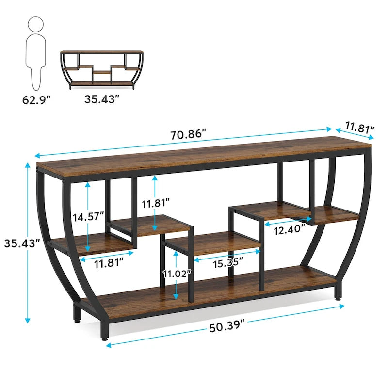 70.9 Inch Extra Long Industrial Console Table with 7 Shelves Behind Sofa