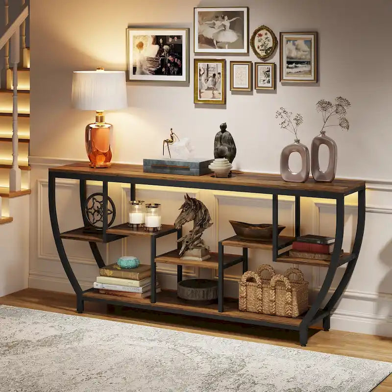 70.9 Inch Extra Long Industrial Console Table with 7 Shelves Behind Sofa