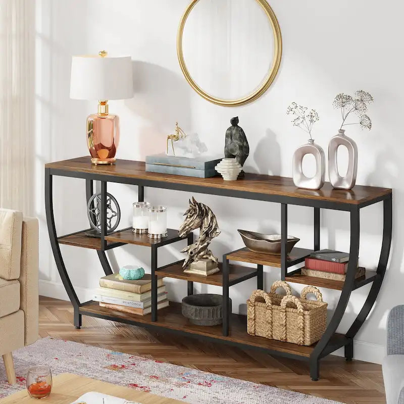 70.9 Inch Extra Long Industrial Console Table with 7 Shelves Behind Sofa