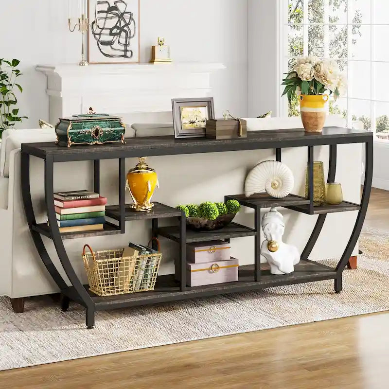 70.9 Inch Extra Long Industrial Console Table with 7 Shelves Behind Sofa