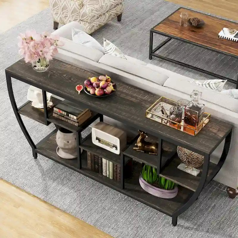 70.9 Inch Extra Long Industrial Console Table with 7 Shelves Behind Sofa