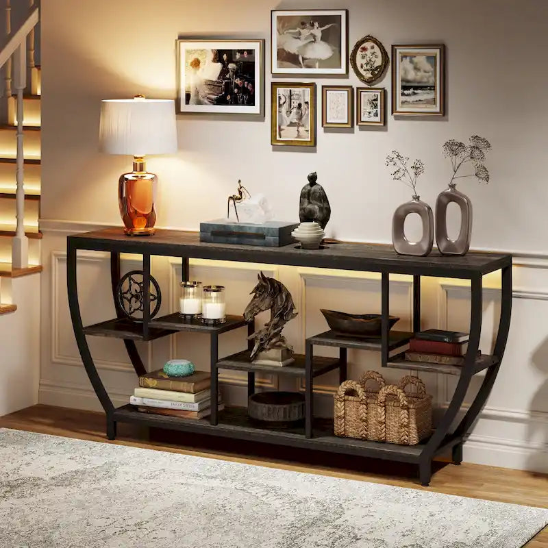 70.9 Inch Extra Long Industrial Console Table with 7 Shelves Behind Sofa