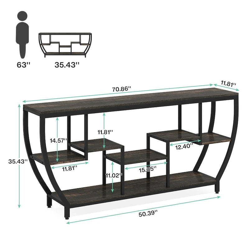 70.9 Inch Extra Long Industrial Console Table with 7 Shelves Behind Sofa