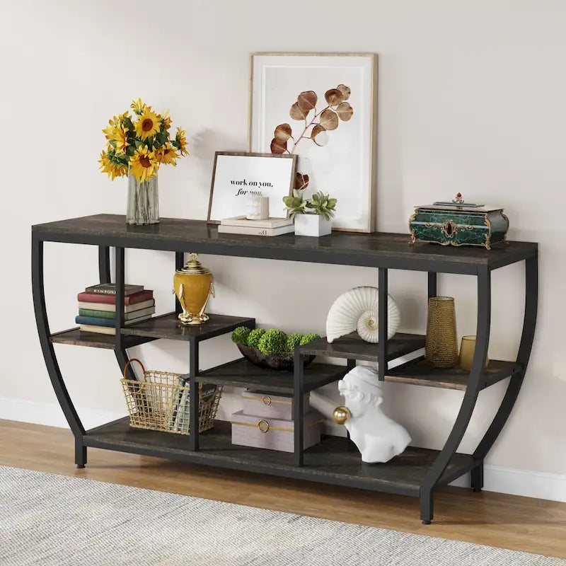 70.9 Inch Extra Long Industrial Console Table with 7 Shelves Behind Sofa