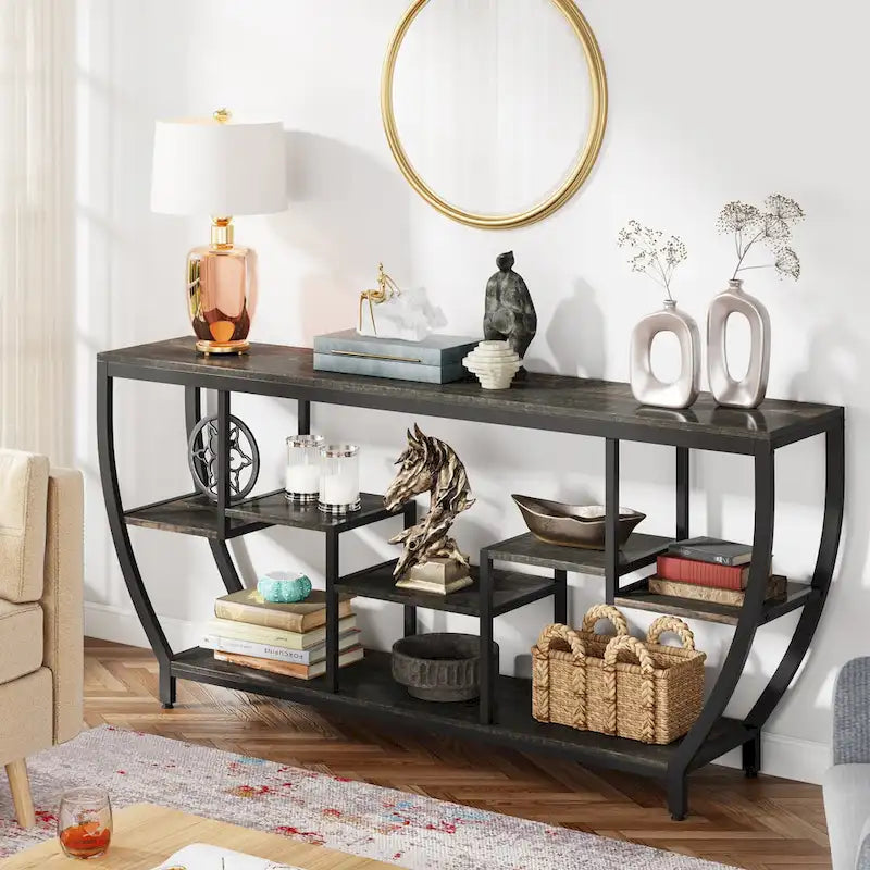 70.9 Inch Extra Long Industrial Console Table with 7 Shelves Behind Sofa