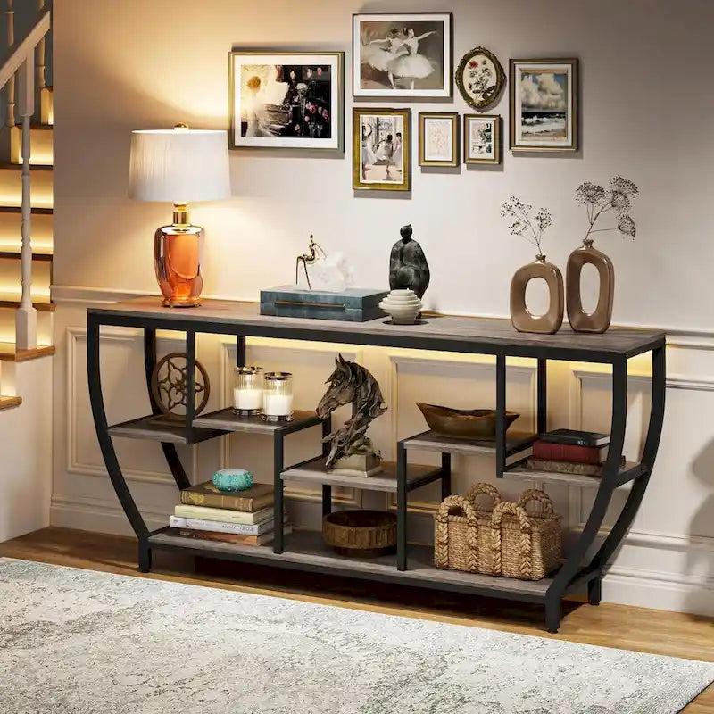 70.9 Inch Extra Long Industrial Console Table with 7 Shelves Behind Sofa