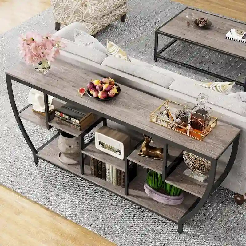 70.9 Inch Extra Long Industrial Console Table with 7 Shelves Behind Sofa