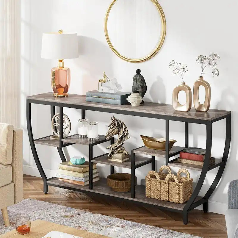 70.9 Inch Extra Long Industrial Console Table with 7 Shelves Behind Sofa