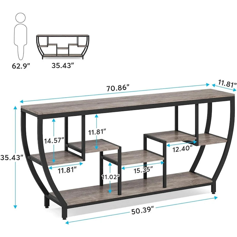 70.9 Inch Extra Long Industrial Console Table with 7 Shelves Behind Sofa