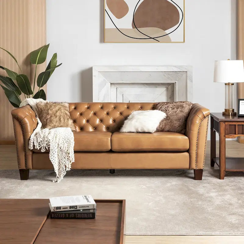82.5 Inch Tufted Genuine Leather Chesterfield Sofa with Flared Arms