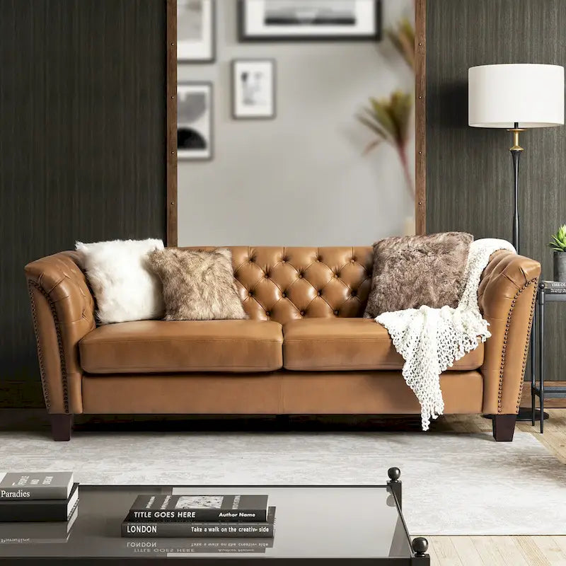 82.5 Inch Tufted Genuine Leather Chesterfield Sofa with Flared Arms