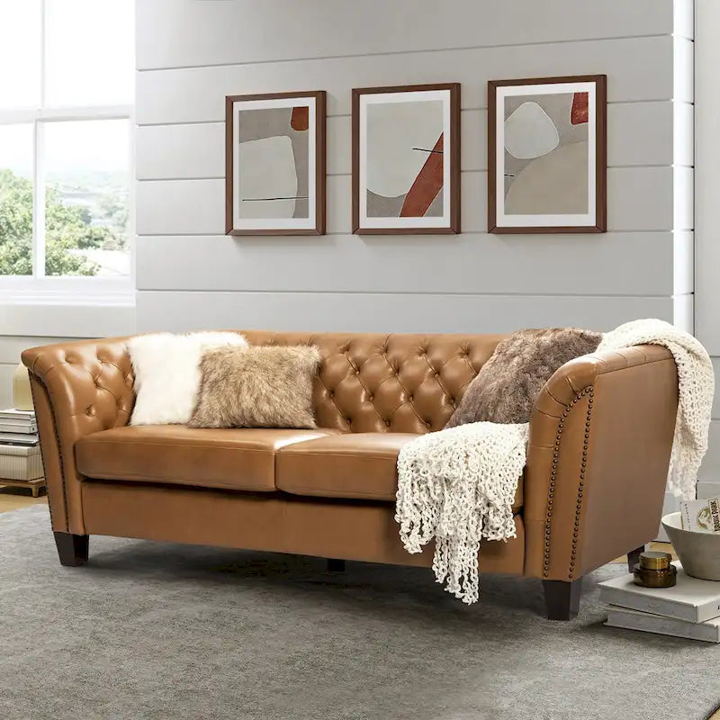 82.5 Inch Tufted Genuine Leather Chesterfield Sofa with Flared Arms