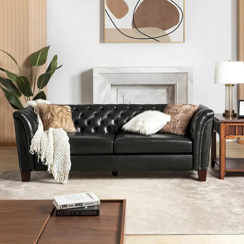 82.5 Inch Tufted Genuine Leather Chesterfield Sofa with Flared Arms