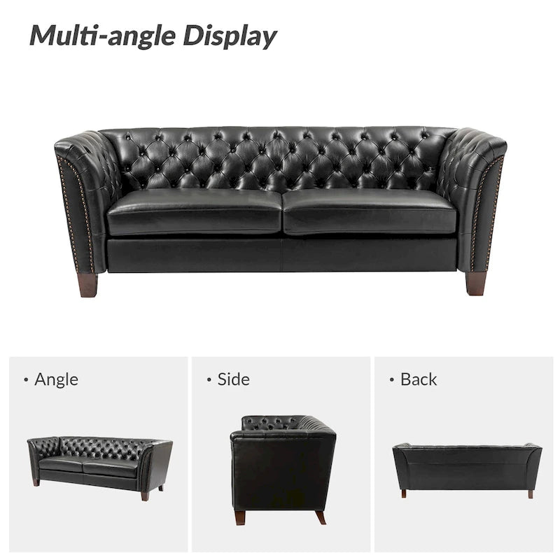 82.5 Inch Tufted Genuine Leather Chesterfield Sofa with Flared Arms