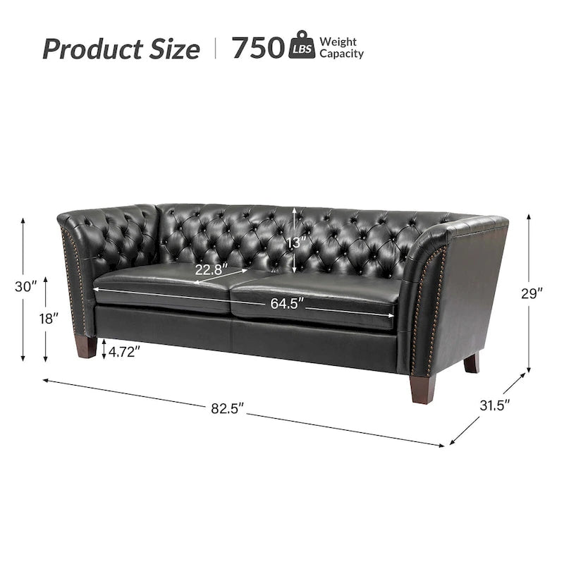 82.5 Inch Tufted Genuine Leather Chesterfield Sofa with Flared Arms