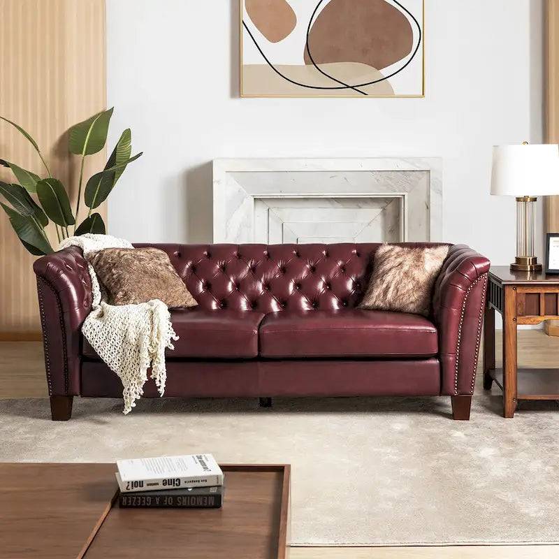 82.5 Inch Tufted Genuine Leather Chesterfield Sofa with Flared Arms
