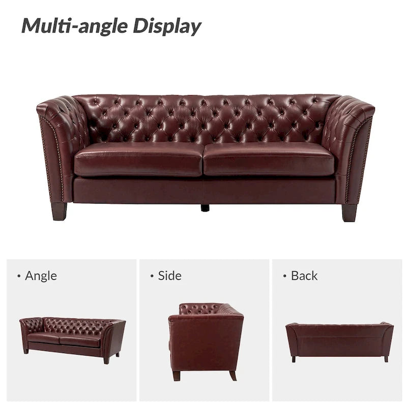 82.5 Inch Tufted Genuine Leather Chesterfield Sofa with Flared Arms