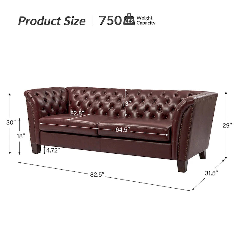 82.5 Inch Tufted Genuine Leather Chesterfield Sofa with Flared Arms