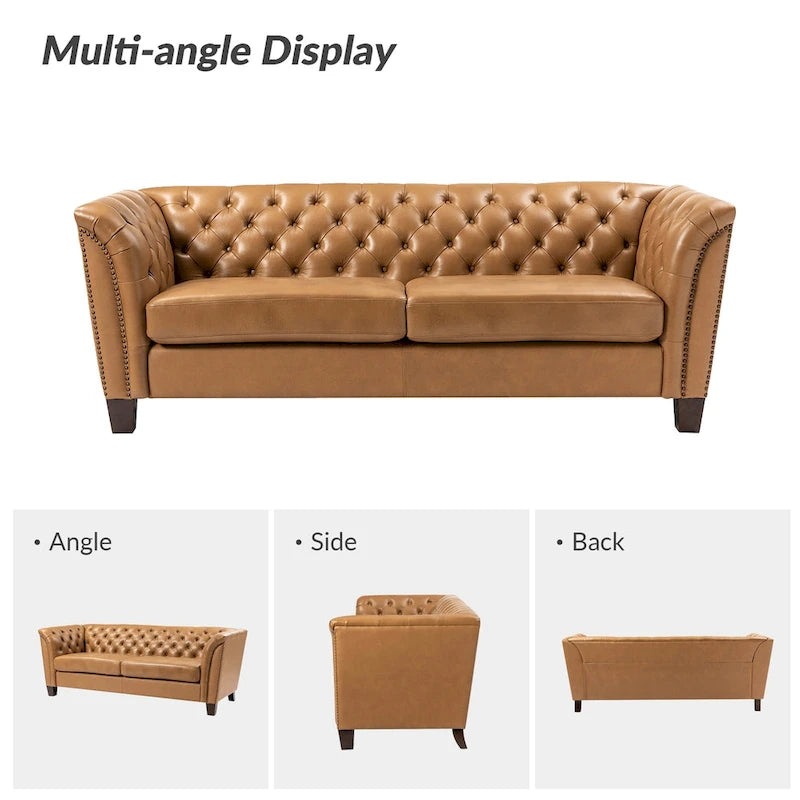 82.5 Inch Tufted Genuine Leather Chesterfield Sofa with Flared Arms