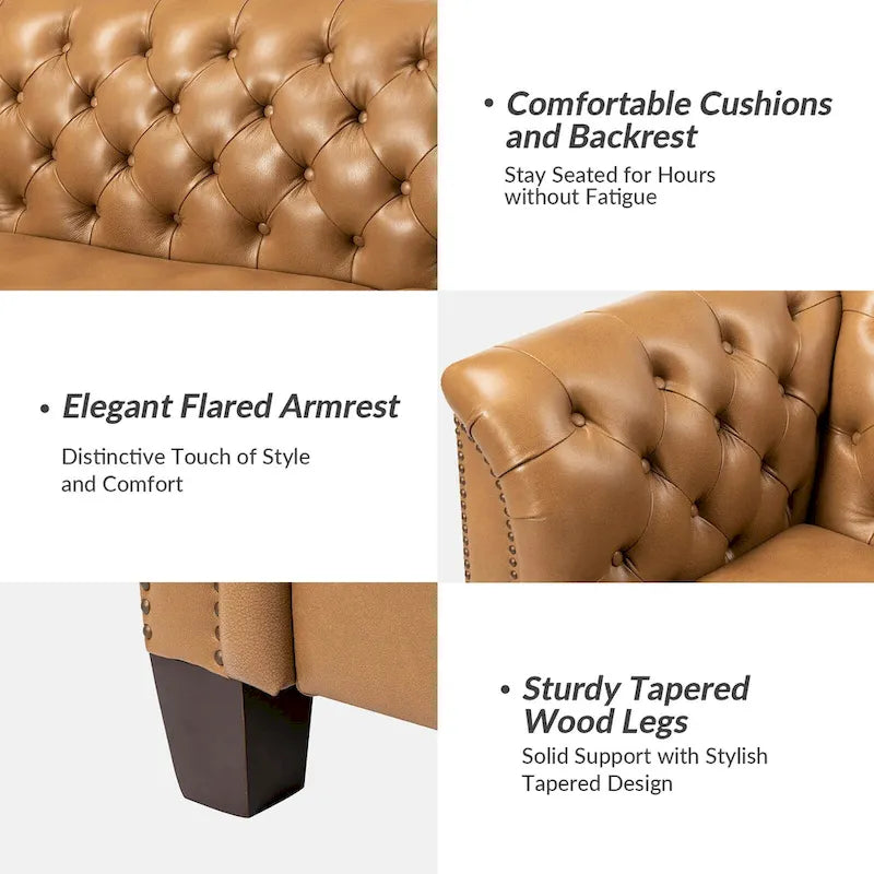 82.5 Inch Tufted Genuine Leather Chesterfield Sofa with Flared Arms
