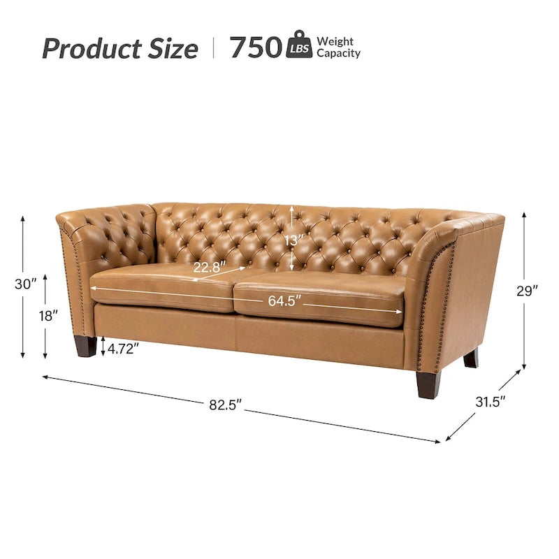 82.5 Inch Tufted Genuine Leather Chesterfield Sofa with Flared Arms
