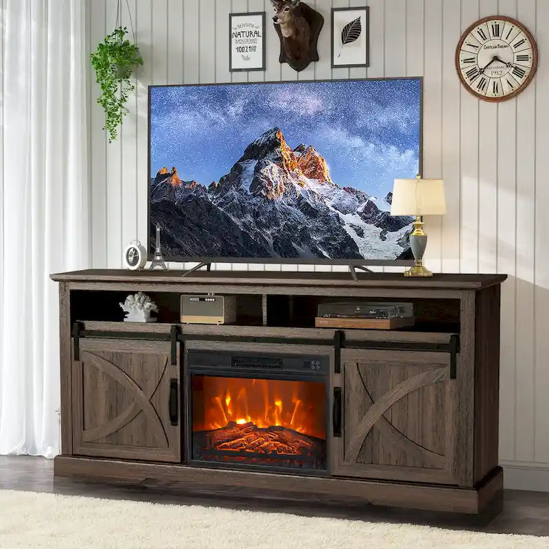 68 Farmhouse Sliding Barn Door Fireplace TV Stands Console Table with 23 Electric Fireplace