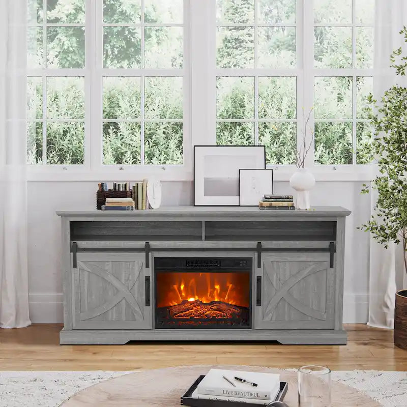 68-Zoll-Fernsehschrank im Landhausstil mit Schiebetüren im Scheunenstil, Elektrokamin mit 23 und Konsolentisch