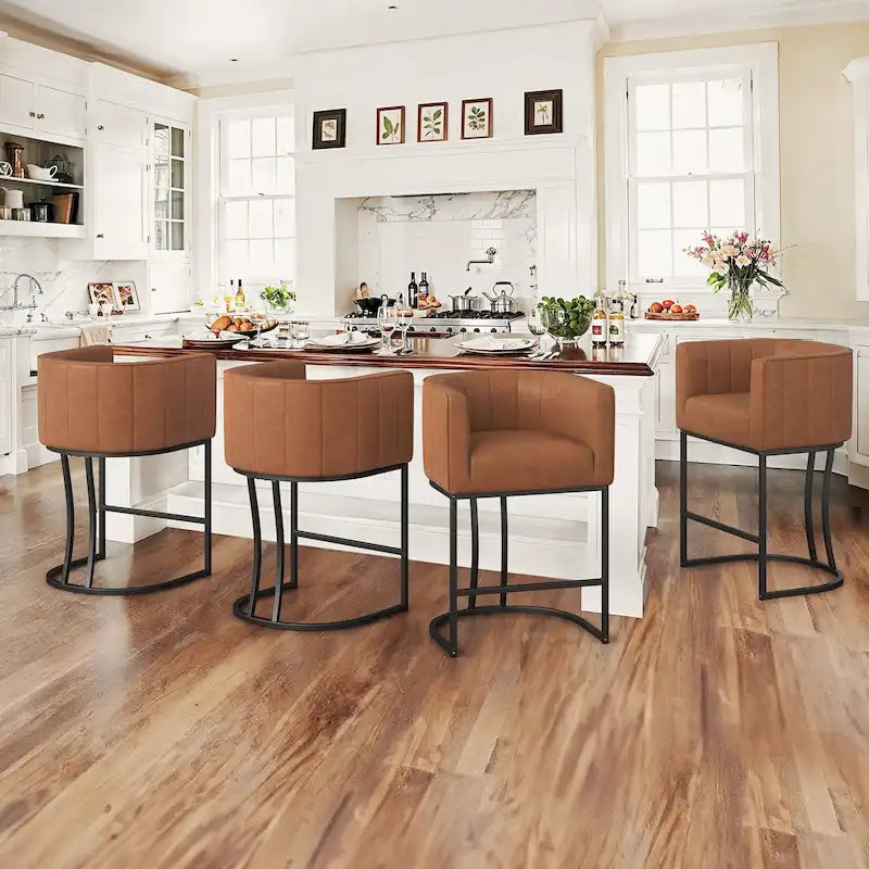 Modern Low Back Counter Height Barrel Bar Stools with Metal Frame
