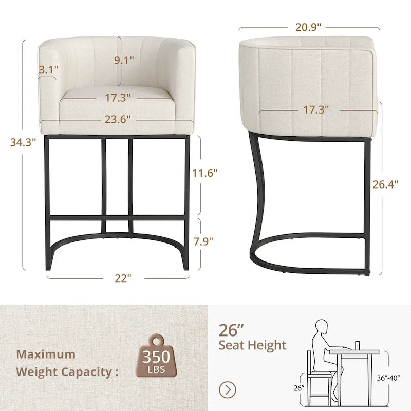 Modern Low Back Counter Height Barrel Bar Stools with Metal Frame