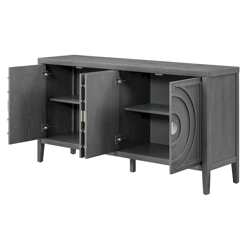 Retro dvířka příborníku s kruhovým drážkovaným designem a kulatou kovovou úchytkou - 60L x 16W x 32H