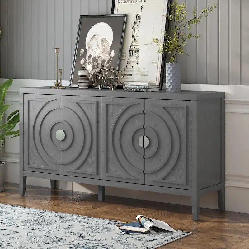 Retro dvířka příborníku s kruhovým drážkovaným designem a kulatou kovovou úchytkou - 60L x 16W x 32H