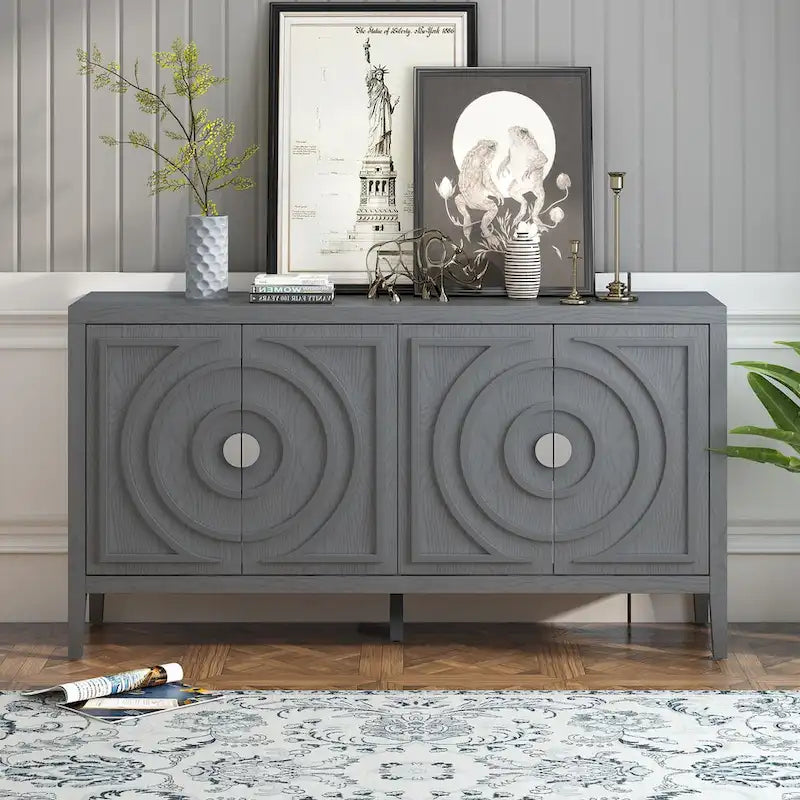 Retro dvířka příborníku s kruhovým drážkovaným designem a kulatou kovovou úchytkou - 60L x 16W x 32H