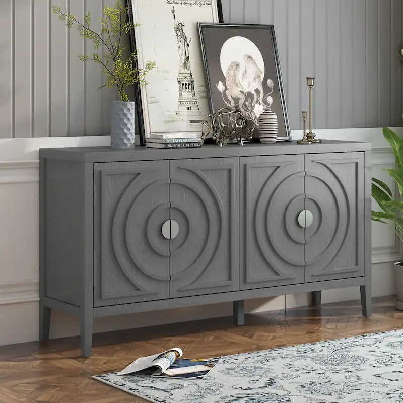 Retro dvířka příborníku s kruhovým drážkovaným designem a kulatou kovovou úchytkou - 60L x 16W x 32H
