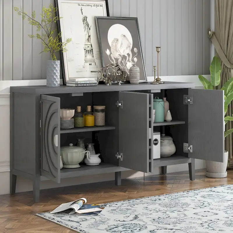 Retro dvířka příborníku s kruhovým drážkovaným designem a kulatou kovovou úchytkou - 60L x 16W x 32H