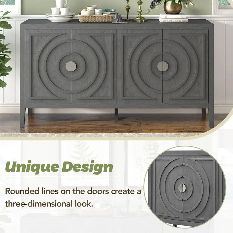 Retro dvířka příborníku s kruhovým drážkovaným designem a kulatou kovovou úchytkou - 60L x 16W x 32H