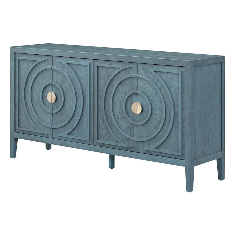 Retro dvířka příborníku s kruhovým drážkovaným designem a kulatou kovovou úchytkou - 60L x 16W x 32H