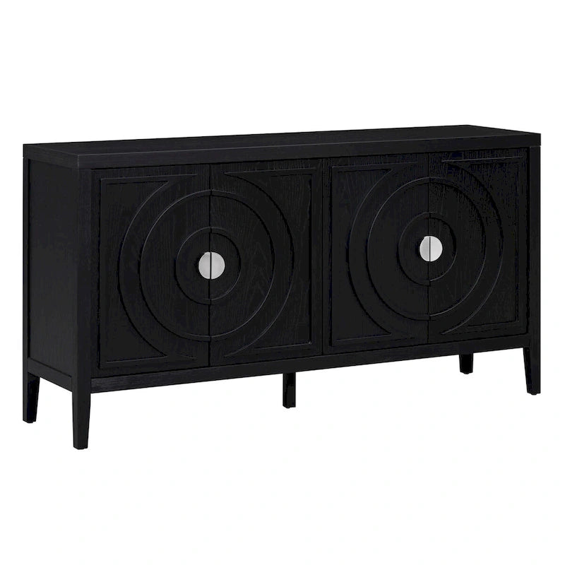 Retro dvířka příborníku s kruhovým drážkovaným designem a kulatou kovovou úchytkou - 60L x 16W x 32H